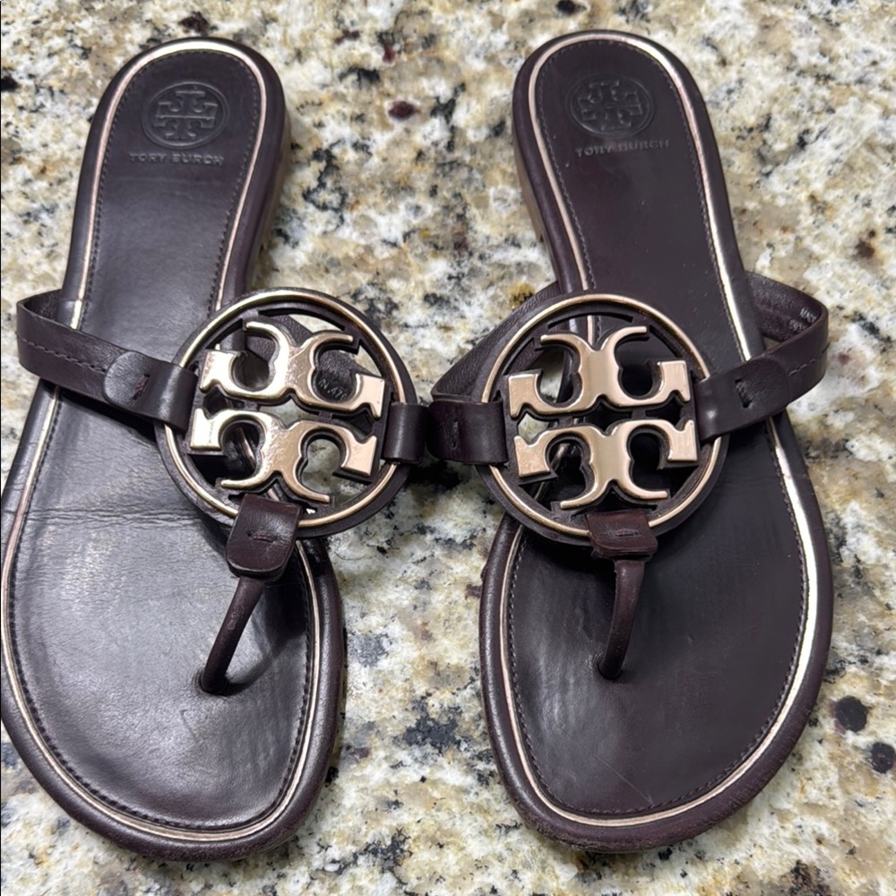 Tory Burch Dark Brown Sandals with Gold Emblem
